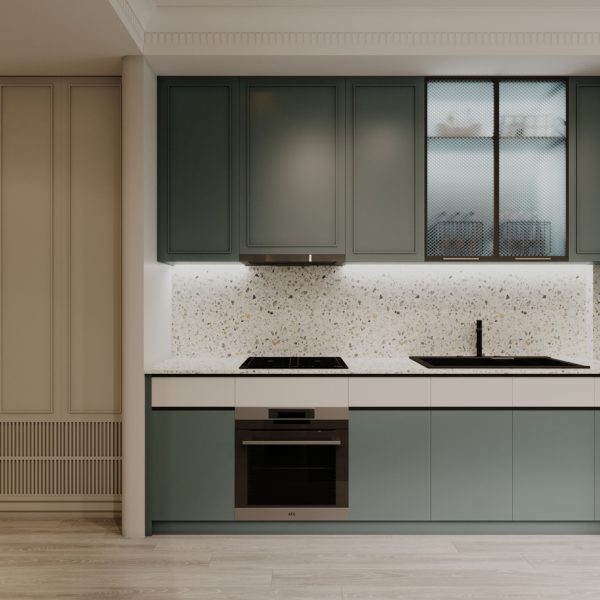 Modern minimalist kitchen with gray and white kitchen fronts and terrazzo backsplash. Modern minimalist kitchen with gray and white kitchen fronts and terrazzo backsplash. 3D rendering.