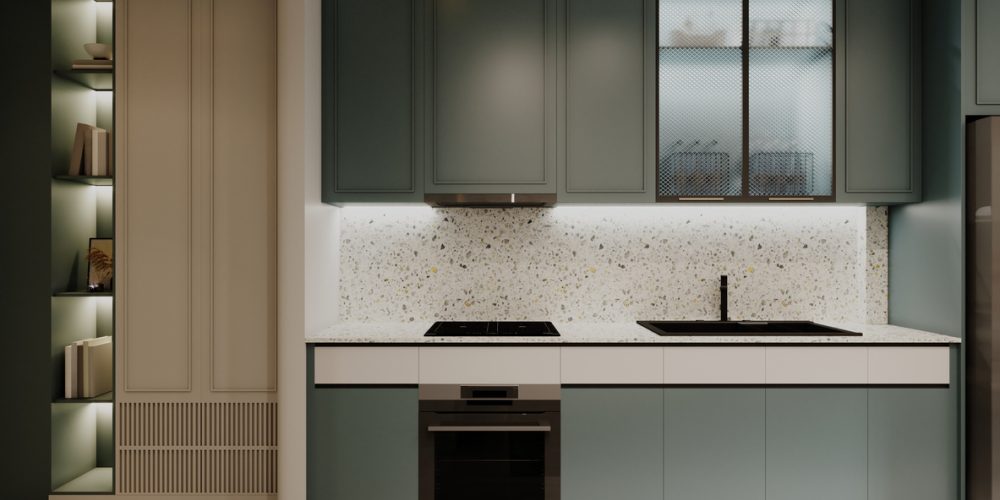 Modern minimalist kitchen with gray and white kitchen fronts and terrazzo backsplash. Modern minimalist kitchen with gray and white kitchen fronts and terrazzo backsplash. 3D rendering.